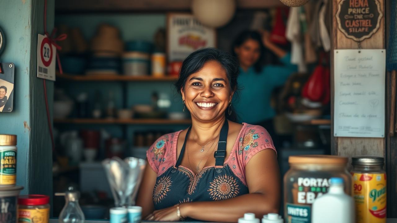 Empreendedora sorrindo atrás do balcão do seu pequeno comércio